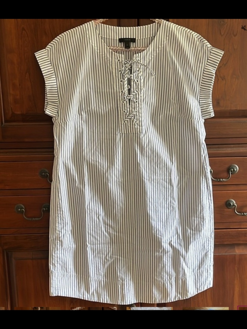 J. CREW Lace-Up Pin Striped Cotton Shift Dress, Short Sleeves - White & Navy